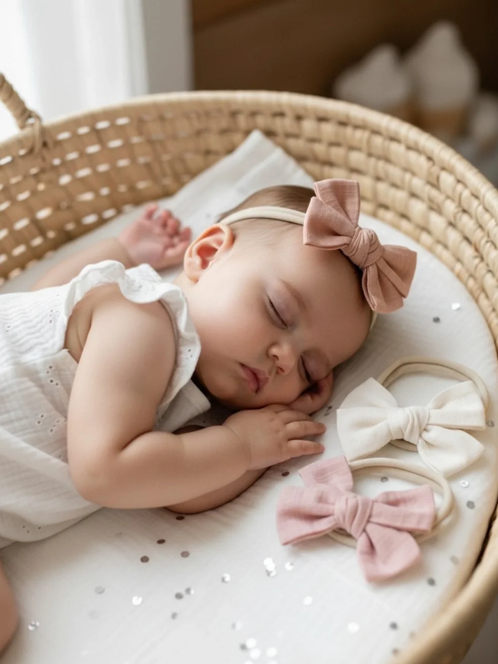 Handmade Baby Hair Bows Set of 3 | Stretchy Nylon Headbands | Soft Linen Texture